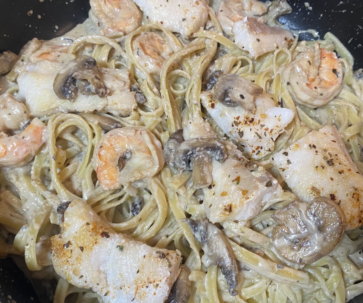 Creamy Lingcod and Shrimp Pasta